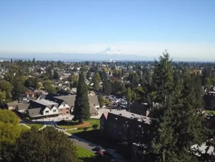 Aerial shot of campus with Mount Rainier in background